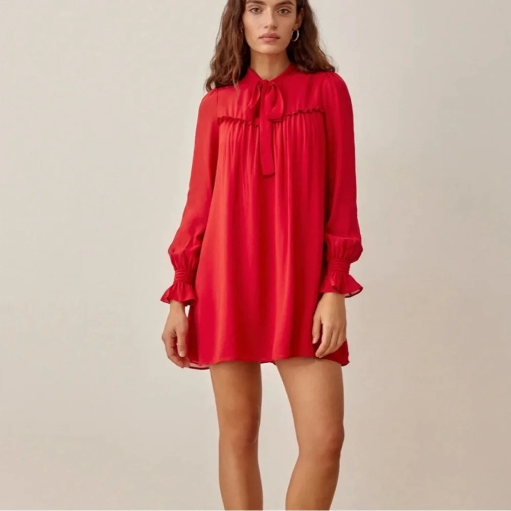 Reformation Red Ruffled Dress with Mandarin Collar - Picture 3 of 4